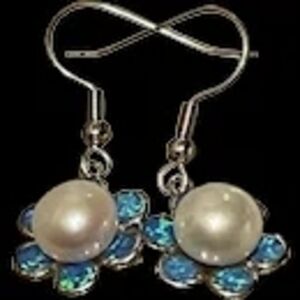 Amazing Natural Culture Pearl With Opal Flower Sterling Silver Drop Earrings